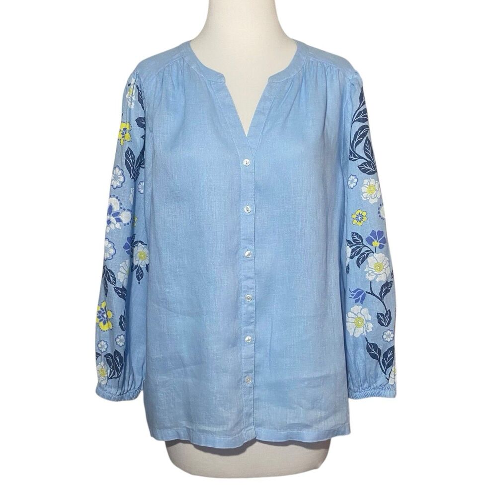 Charter Club Luxury Linen Women Shirt Blouse Top Size L Blue Floral Long Sleeve